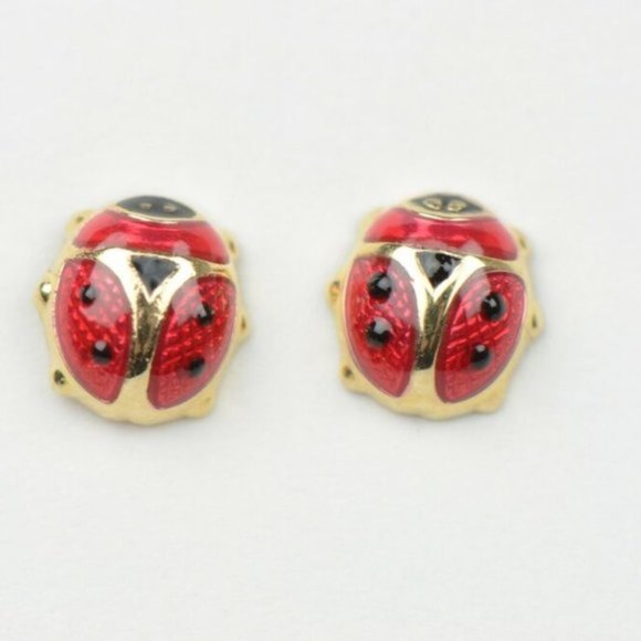 Solid 14k Yellow Gold Red and Black Enamel Ladybug Baby Screw Earrings Medium - Picture 6 of 7